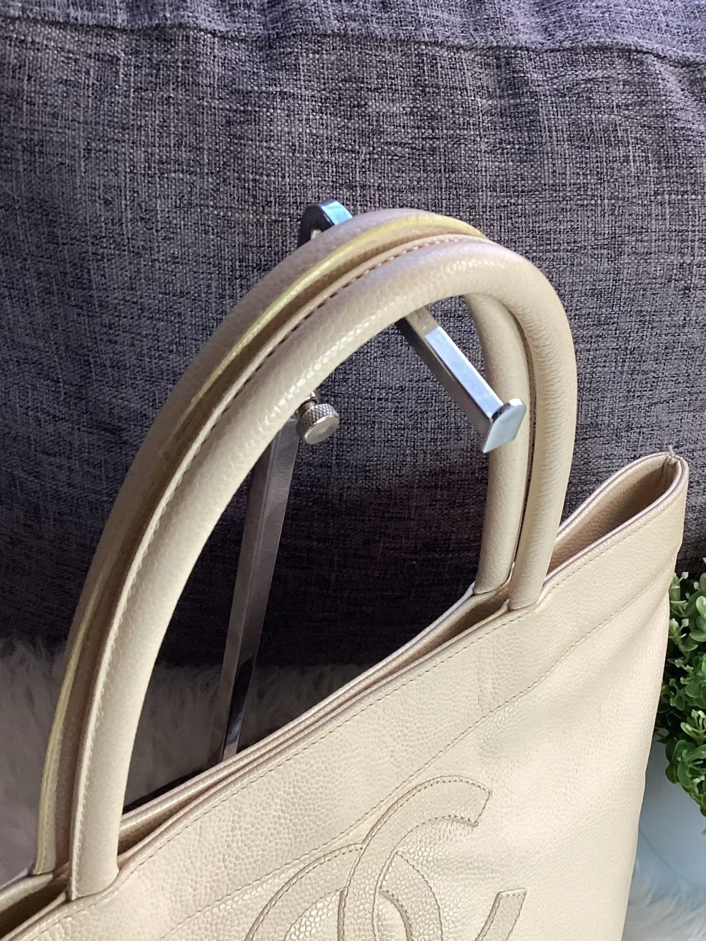 CHANEL Beige Caviar Leather CC Stitch Tote